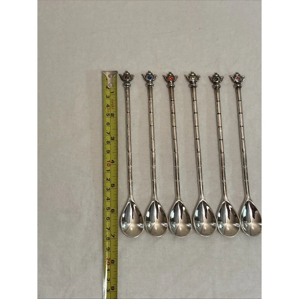 Silver Plated Tea Coffee Stirrer Spoons Set 6 Teapot Topper Color Stones 7.5